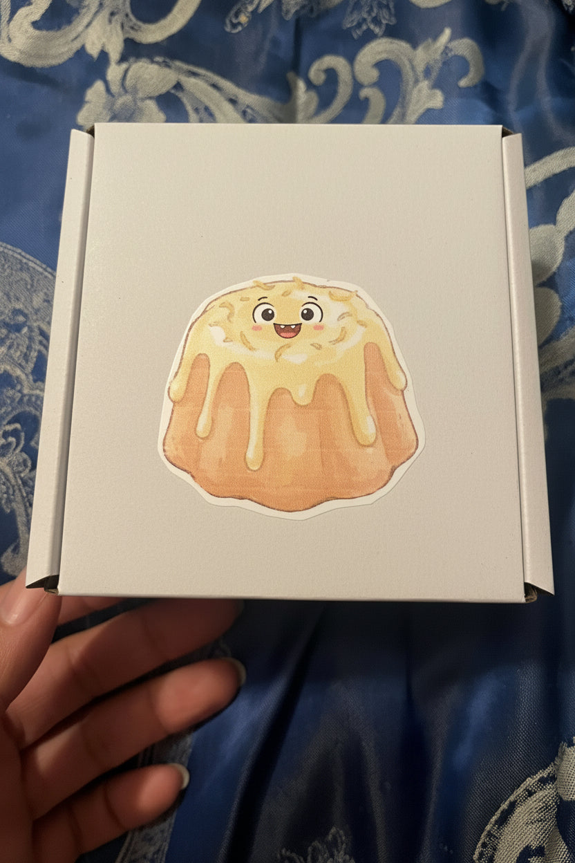 Sticker of a bundt cake with a face on a white box against a blue patterned fabric background.